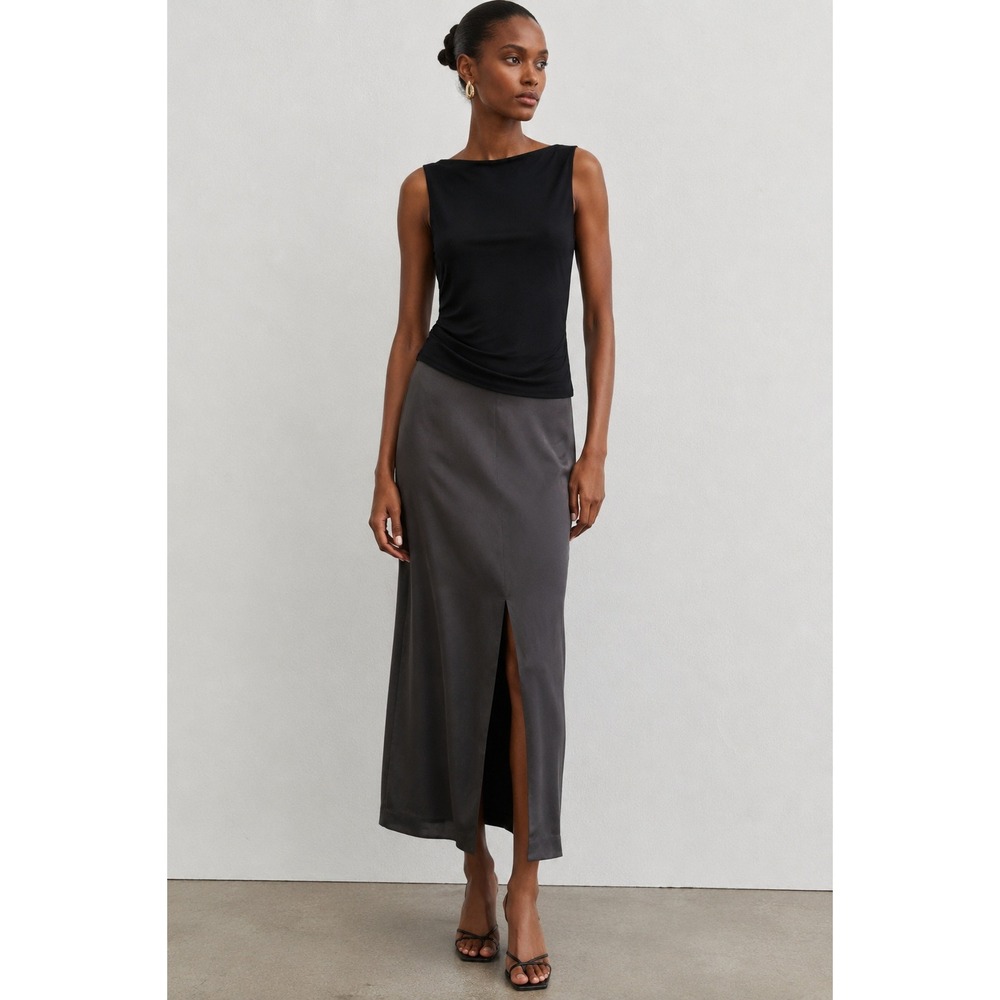 Jones New York Charcoal Gray Silk Maxi Skirt Size 6 Front Slit Minimalist 90s
